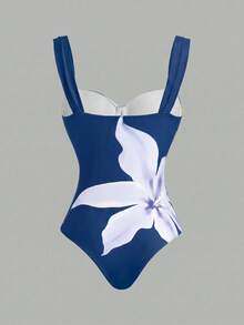 Swim Oasis 女款度假海灘花卉印花連身泳衣搭配百褶罩衫裙套裝 - 藍色 - 查看 4