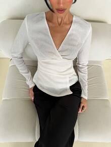 Aloruh Elegante maglietta casual da donna con scollo a V, maniche lunghe, stile minimalista, top versatile per tutti i giorni - Albicocca - Visualizzare 9