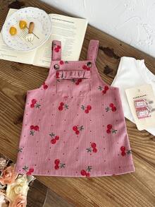 SHEIN LMoss Kids 女嬰編織燈芯絨櫻桃圖案背心裙，加厚燈芯絨面料，適合秋冬穿著 - 藕粉色 - 查看 5