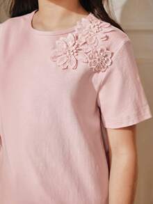 Anewsta 粉紅色女童 3D 花朵裝飾圓領短袖針織 T-shirt - 粉色 - 查看 2