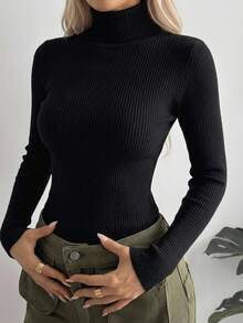 DAZY Ribbed Knit Turtleneck Jumper - Black - View 9
