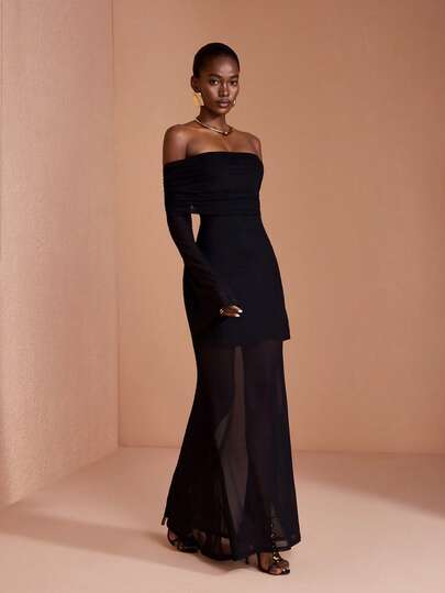 JIAN LASALA Black Mesh Bell Sleeve Boat Cowl Neckline Maxi Dress Vacation Party