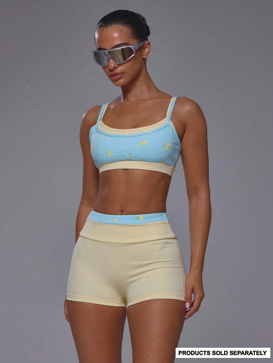 Musera Sport Sport Lemon Fruit Print Scoop Neck Double Layered Contrast Pastel Colour Adjustable Strap Soft Active Sports Bra - Blue - View 1