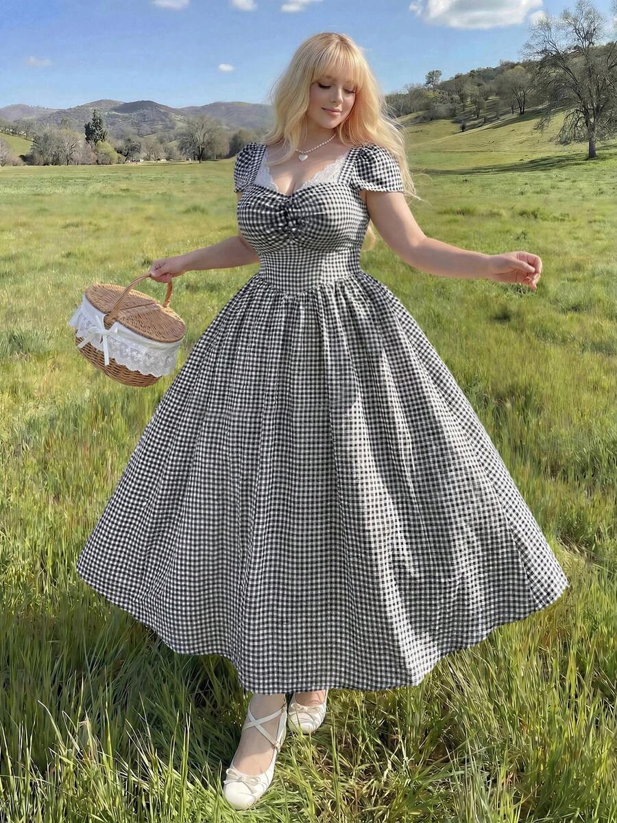 Lyrianda Black Square Neck Lace Plaid Fairy Cute Minimalist Waist-Cinched Dress - Black - View 1