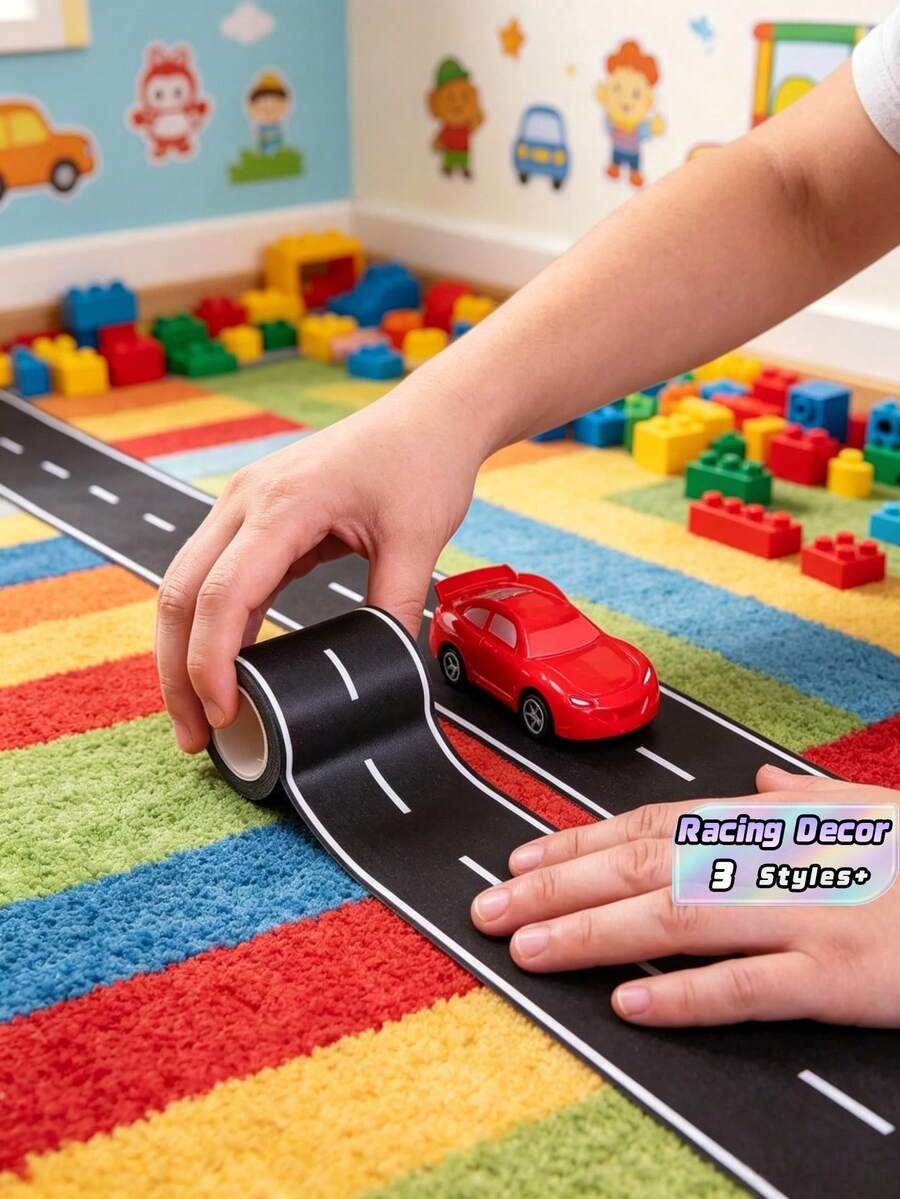 Nhãn dán đường đua hoạt hình có thể tái sử dụng, băng dính đường đua polyurethane màu đen dùng trang trí tiệc đua xe, có sẵn keo dán và lớp phủ kim tuyến, trang trí chủ đề ô tô, thân thiện với bề mặt nhựa. - Nhiều màu - Xem 1