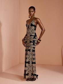 JIAN LASALA Women Multicolor All Over Print Mesh Backless Sexy Spaghetti Strap Sleeveless Women Maxi Dress - Multicolor - View 4