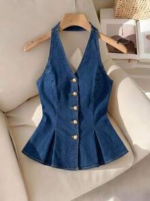 SHEIN MOD Women's Denim Top,Navy Blue Pleated Front Button Backless Denim Shirt,Elegant Night Out Summer Tops,Festival Outfits Festa Junina Blouses - Dark Wash - View 2