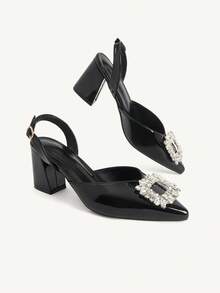 CUCCOO CHICEST Women's Shoes Rhinestone Square Buckle Thick Heel Pointed High Heels Elegant Black PU Leather High Heel Shoes Slingbacks Dating Afternoon Tea - Black - View 3