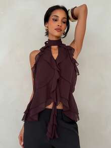 Aloruh Women's Elegant Sexy Commute Brunch Night Out Sleeveless Burgundy Chiffon Blouse With Ruffle Trim, Work Tops, Office Attire, Social Blouse, Summer - Red Violet - View 5