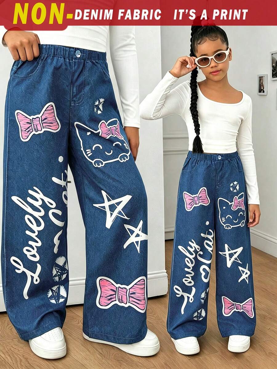 SHEIN Sparklyn 青少年女孩秋季服飾 鬆緊腰寬鬆印花寬腿褲 日常穿著 春/秋 隨意 開學穿搭