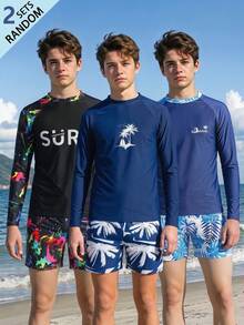 SHEIN 2pcs/Set Teen Boy Casual Vacation Printed Long Sleeve Swimsuit And Swim Trunks - Multicolor - View 1
