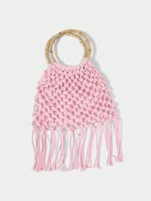 SHECARRY Ladies, Women Top Handle Bags, Fashionable, Elegant, Simple, Personalized, Versatile, Handmade Crochet, Tassel, For Beach, Vacation, Holiday, Summer, Seaside , Crochet - Pink - View 3