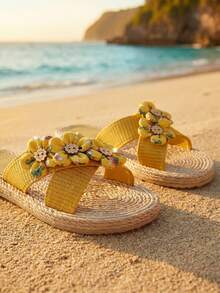 Swim Chiccia Floral Appliques Espadrille Slides,Beach Outfits,Slippers Women - Yellow - View 5
