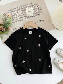 SHEIN LMoss Kids 少女針織刺繡圓領寬鬆休閒T恤 - 黑色 - 查看 5