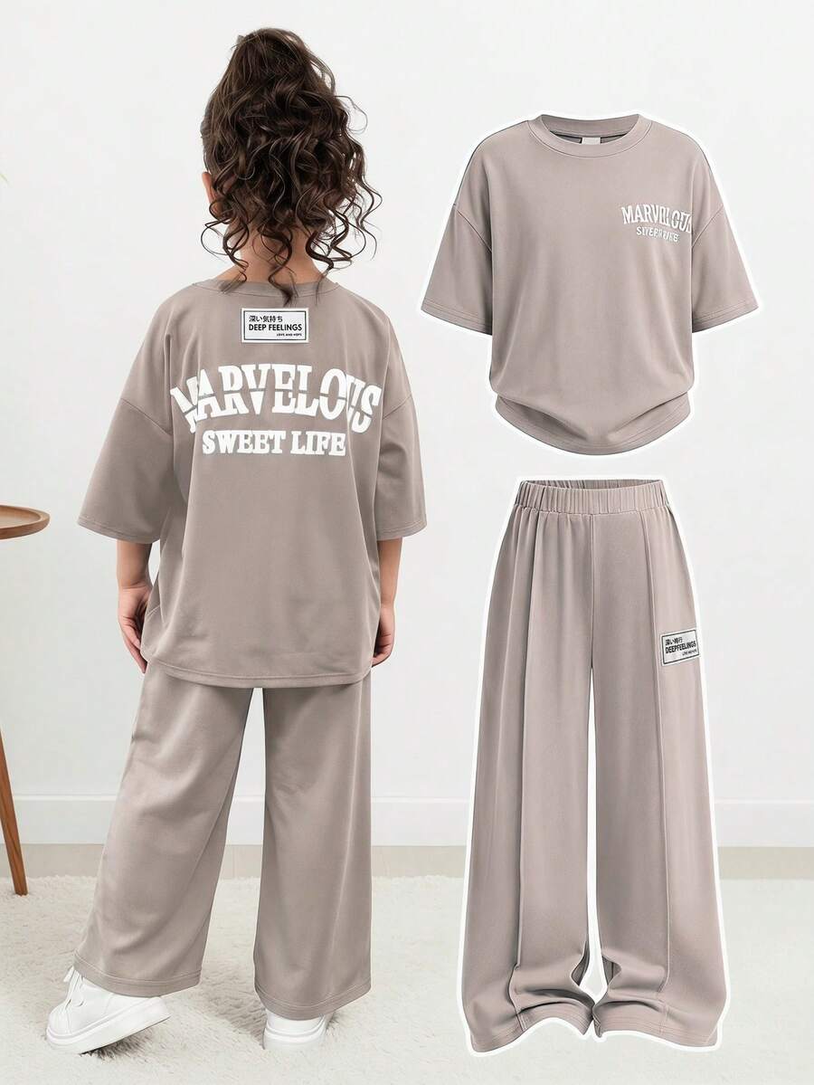 SHEIN 少女針織字母圓領寬鬆休閒T恤與長褲2件組 - 灰色 - 查看 1