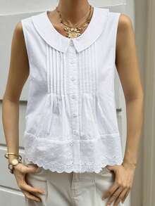 Livesso Women's Summer Casual Solid Color Front Button Tank Top Tea Party White Vacation - White - View 4