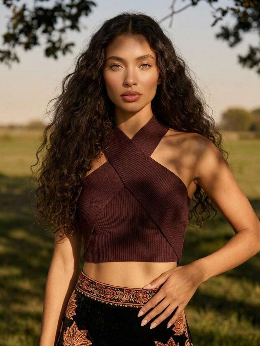 CAJUNI Minimalist Sexy Short Halter Neck Burgundy Top Casual And Elegant Night Out Summer - Brown - View 1