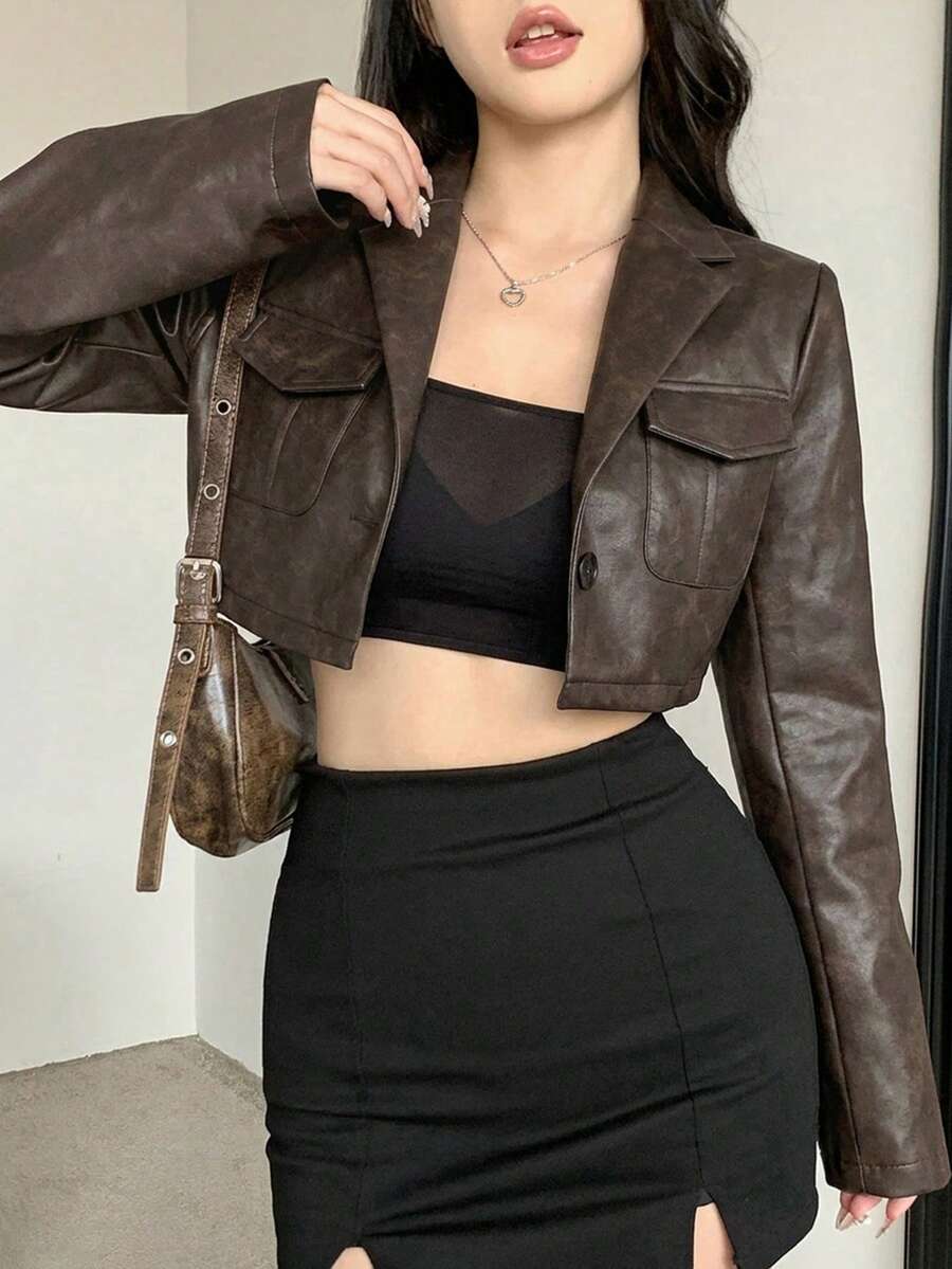 Joudiya 春秋棕色寬鬆休閒時尚街頭短版PU皮夾克輕量戶外長袖女款外套 - 棕色 - 查看 1