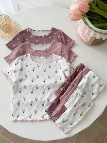 SHEIN 少女 6件/套 可愛碎花寬鬆短袖套頭上衣 & 休閒運動內搭褲套裝 - 彩色 - 查看 6