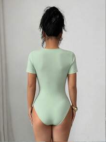 Elenzga Women's Summer Round Neck Short Sleeve Bow Decor Bodysuit - Mint Green - View 5