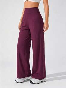 Core Rhythm Core Rhythm Women's Solid Color High Waist Wide Waistband 3D Seam Detail Sports Casual Long Pants - Burgundy - View 4