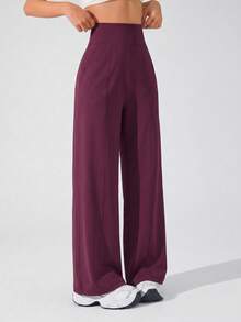 Core Rhythm Core Rhythm Women's Solid Color High Waist Wide Waistband 3D Seam Detail Sports Casual Long Pants - Burgundy - View 3
