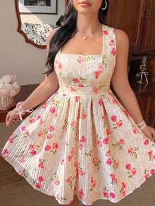 FleurLily Vestido de mujer de talla grande con tirantes anchos, cintura alta y falda acampanada - Albaricoque - Ver 5