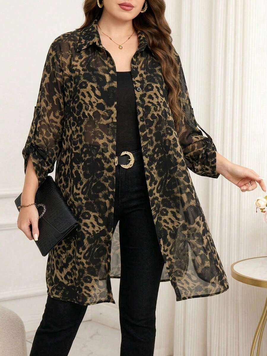 Reflora 大尺碼女款豹紋捲袖單排扣長版襯衫 - 米色 - 查看 1