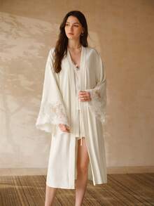 MOTF PREMIUM LACE PATCHWORK LONG BELTED LIGHTWEIGHT ROBE - Beige - View 4