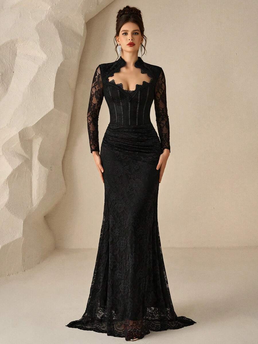 Coutiva 女款蕾絲長款正式晚禮服(精緻設計) - 黑色 - 查看 1