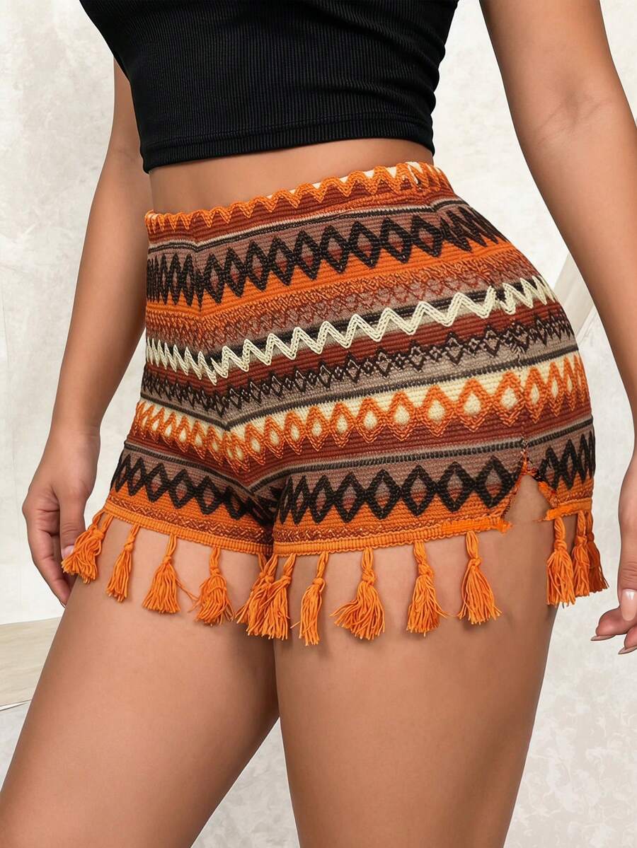 SHEIN SXY 女款休閒拼接撞色流蘇設計百搭日常穿搭短褲 - 彩色 - 查看 1