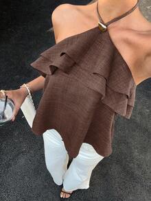 Siren Gaze Women's Solid Color Ruffle Hem Halter Neck Top,Summer Top - Brown - View 1