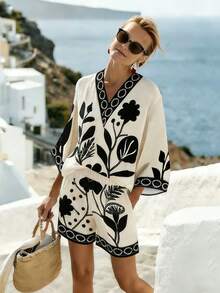 Breezaya Women's Black & White Black Floral Print Vacation Set,V-Neck Loose Top & High Waist Shorts 2-Piece Summer Casual Holiday Outfits Beach Wear Cover Up - Multicolor - View 4