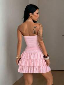 Coolane Tenue d'été pour femmes, style hippie boho, tenues de plage, tenues de vacances, tenues de printemps, robe mini à volants en dentelle blanche de style fairycore - Rose bonbon - Voir 6