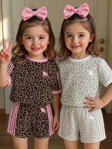 SHEIN 2pcs Vintage Leopard Print & Striped Round Neck Short Sleeve T-Shirt And Shorts Set,Young Girls Casual Outfit For Summer Daily,Holiday,School,Sports - Multicolor - View 4