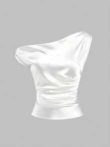 Sweetra Áo kiểu nữ kiểu Pháp trễ vai ôm sát xếp ly satin màu hồng mới cho mùa Xuân/Hè, phù hợp mặc thường ngày, đi tiệc và ăn tối buổi tối - trắng - Xem 3