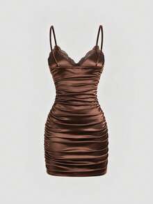 Sweetra Women's New Fashion Versatile Minimalist Sexy Lace Patchwork Satin V-Neck Spaghetti Strap Waist-Defining Slimming Bodycon Dress Club Night Chocolate - Mocha Brown - View 2