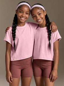 SHEIN Tween Girls Clothes Casual Sports Short Sleeve Back Hollow Out, Cute, School, Back To School - Pink - View 3