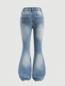 SHEIN Tween Girls Y2K Bohemian Vintage Washed Slim Fit Flare Jeans Soft Denim Pants Casual School Party Spring Autumn Back To School; Girls Light Blue Washed High Waist Micro Flare Wide Leg Jeans Summer Autumn Back To School Street Vintage Casual Versatile - Medium Wash - View 2