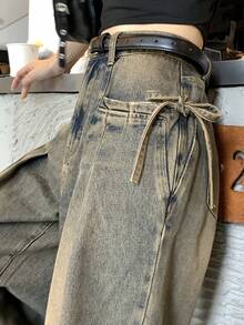FRIFUL Women's Lace-Up Design Pleated Wide Leg Loose Casual Denim Jeans - Blue - View 6