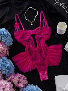 Crystal Vow Butterfly Lace Mesh Ruffled Underwire Jumpsuit, Cute Sheer For Women Rave Hot Pink Summer - Hot Pink - View 2