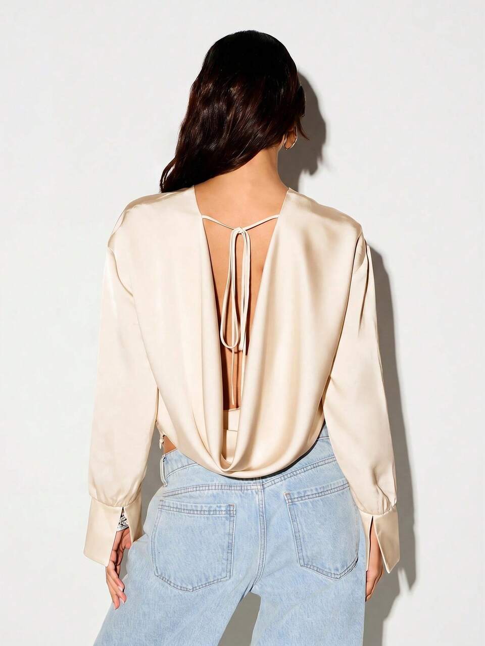 KIZN Elegant Cowl Neck Deep Plunge Satin Blouse With Open Back Tie Detail Long Sleeve Crop Top