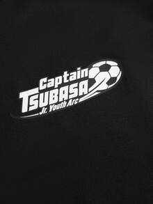 Captain Tsubasa X SHEIN STYNVO Men's Casual Fashion Street Daily Commute Letter & Football Print Contrast Piping Raglan Short Sleeve T-Shirt And Drawstring Waist Shorts Set, Summer - Black - View 5