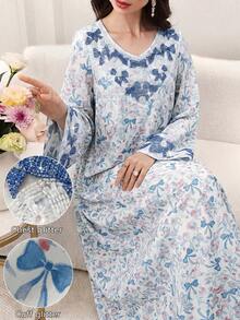 Al Najma Loose Fit White & Blue Butterfly Print Embellished Long Dress, Spring/Summer - Multicolor - View 5