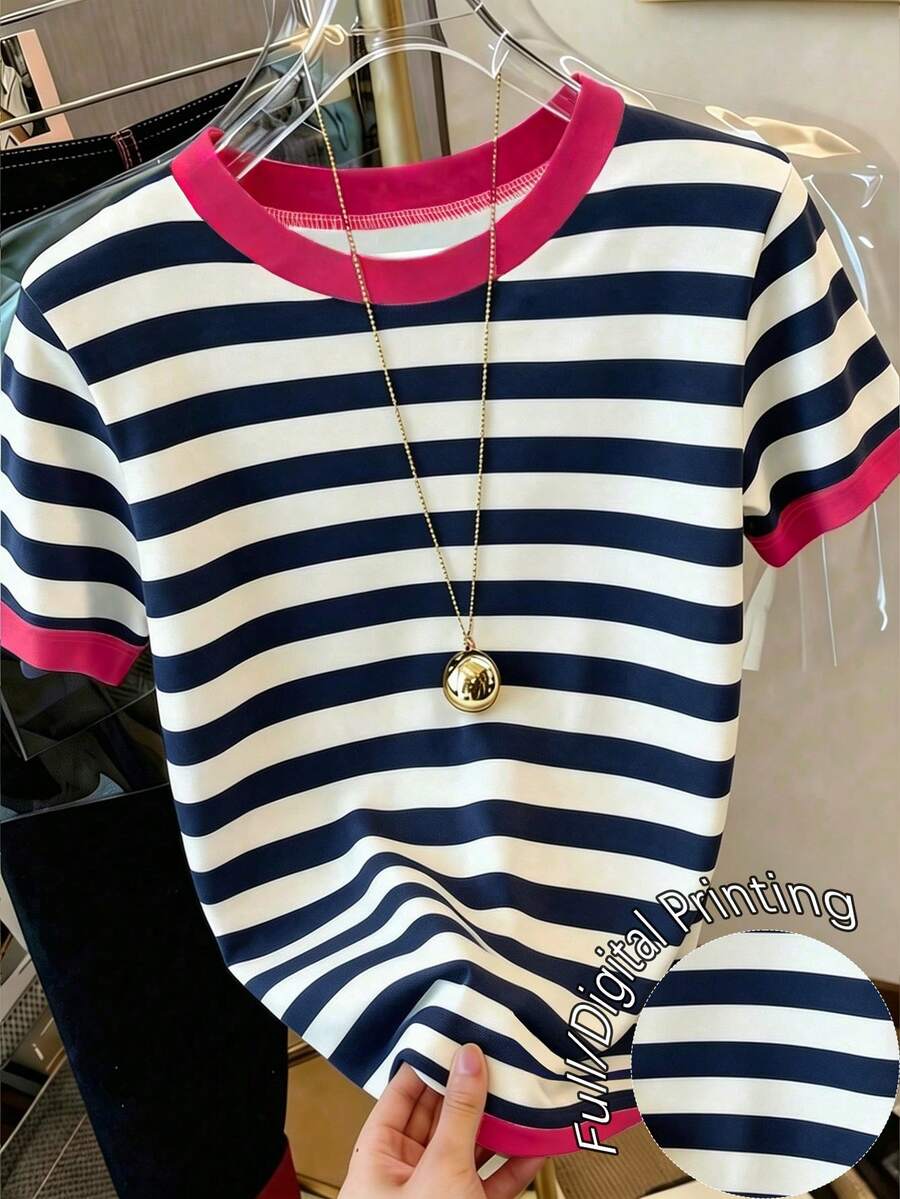 Resyla Women's Casual Vacation & Commute Colorblock Striped Print Ringer Short Sleeve T-Shirt, Summer - Multicolor - View 1