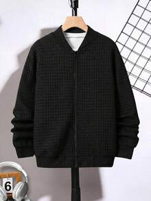 SHEIN 青少年男孩休閒百搭紋理小格紋棒球夾克外套，適合通勤、上學、日常休閒出遊、運動，適用於秋冬季節 - 黑色 - 查看 7