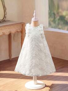 SHEIN Glamorique Kids 少女公主洋裝，3D刺繡網紗，3D蕾絲，白色，無袖，生日派對，婚禮節日，花童女童 - 白色 - 查看 2