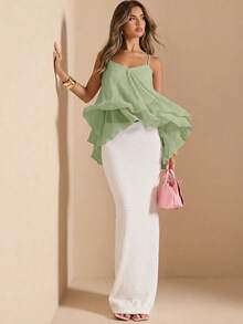 SHEIN BAE Spring/Summer Solid Sage Green Spaghetti Strap Sleeveless Ruffle Elegant Romantic Sweet Cute Women's Cami Top, Suitable For Dates, Parties Vacation - Mint Green - View 7