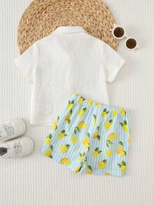 Cozy Pixies Conjunto de camisa de verano de manga corta con botones delanteros y estampado de limones para niños pequeños - Blanco - Ver 2