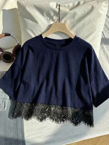 Comfortcana Deep Blue Short Sleeve Round Neck Lace Hem Loose Plus Size Women's T-Shirt - Navy Blue - View 3